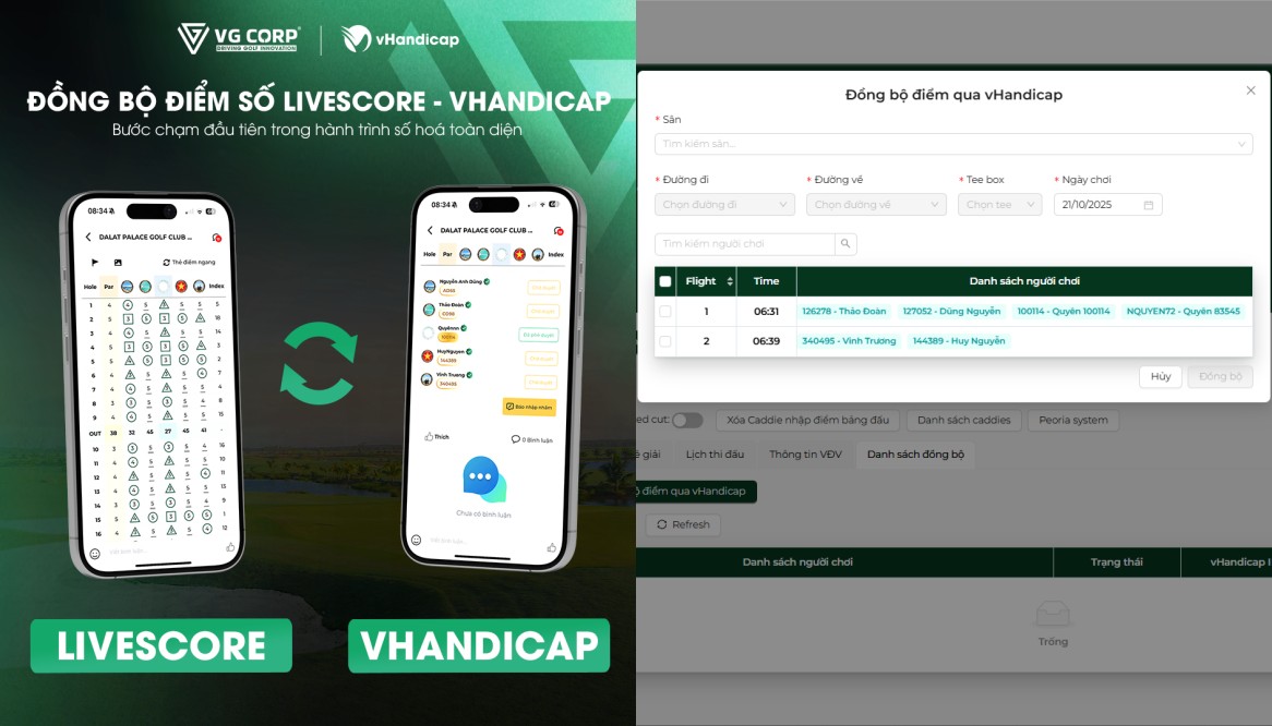 Đồng bộ điểm số Livescore vHandicap: Bước tiến mới trong chuyển đổi số ngành golf